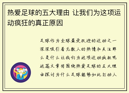 热爱足球的五大理由 让我们为这项运动疯狂的真正原因